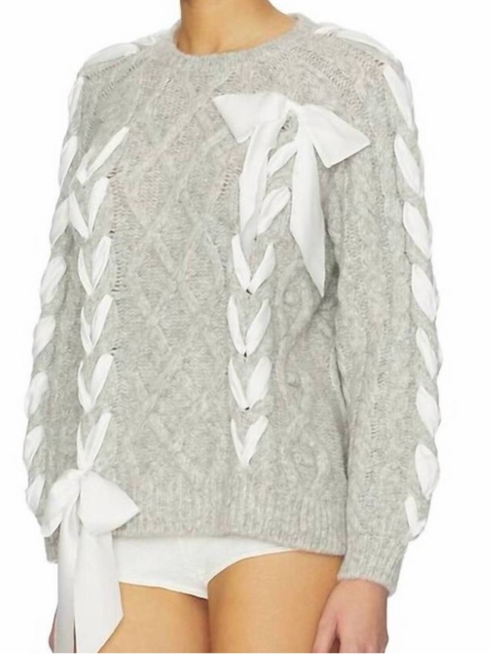 LoveShackFancy Gray Cable-Knit Sweater with White Ribbon Bows